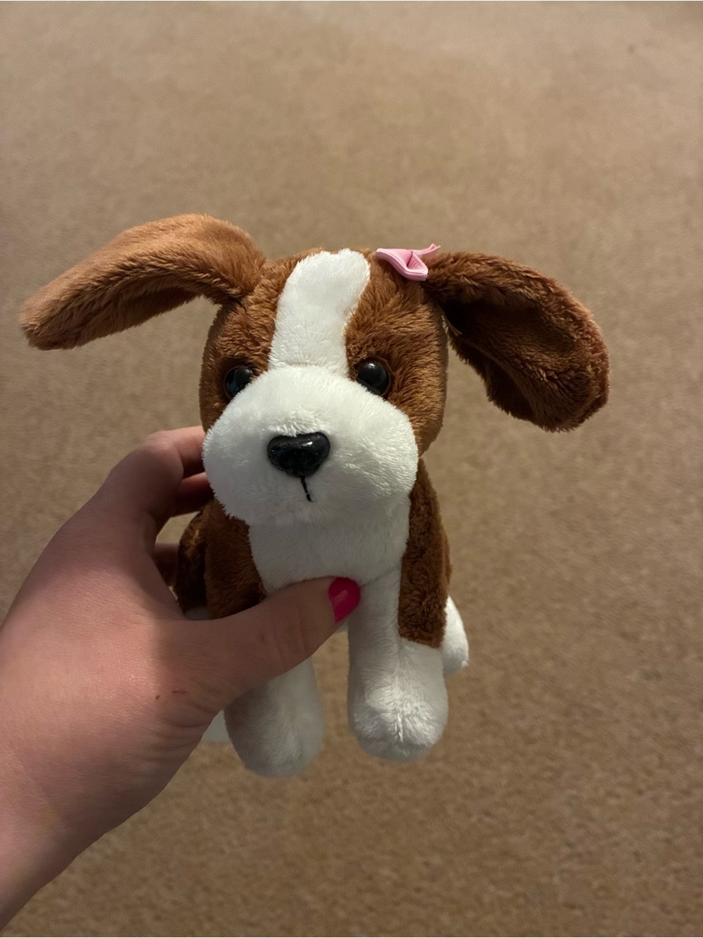 Brown & White Plush Puppy Dog Toy with Pink Bow